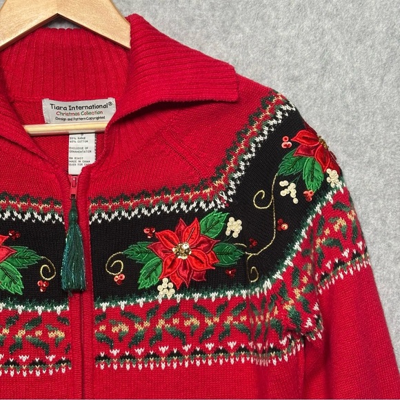 Tiara International Christmas Zip Front Cardigan Sweater-Red Poinsettia-Women S - Picture 1 of 7